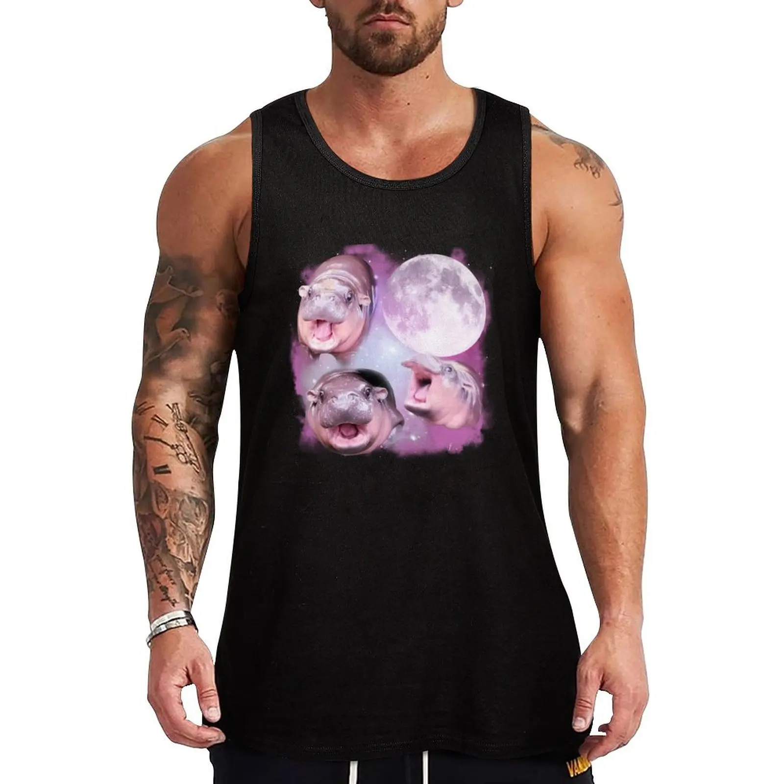 Cute Moo Deng With The Moon Tank Top Hip Hop Tank Top Streetwear Casual Sleeveless Tee