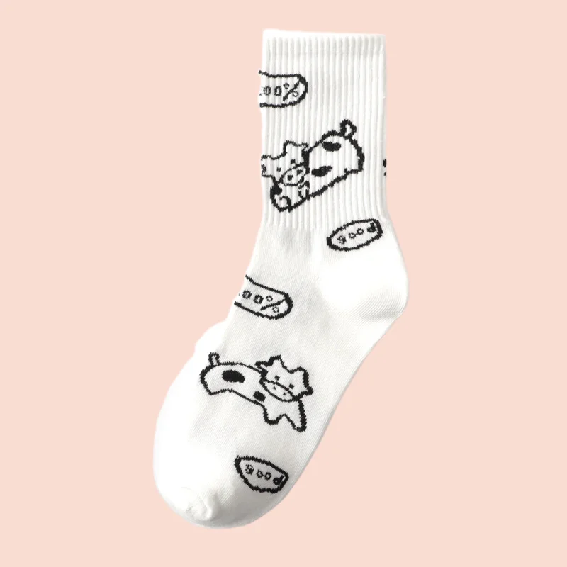 3/6 Pairs Mid-tube Socks ins Trendy Cow Spots Pink College Style Japanese Korean High-tube Black and White Cotton Women's Socks