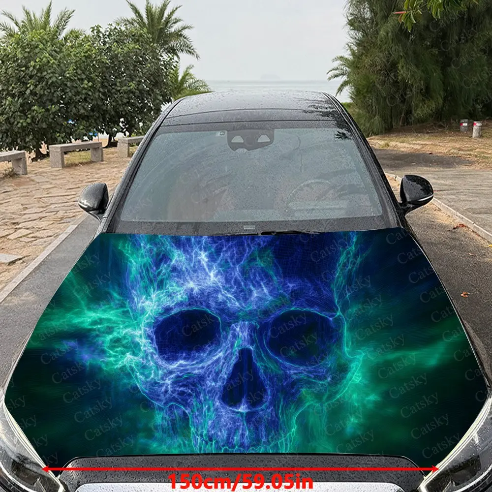 Car Decal Blue Skull with Neon-Quantum Textural Artistic Fusion Design, Creating a Mysterious and Sci-Fi-Gothic Visual Car Hood