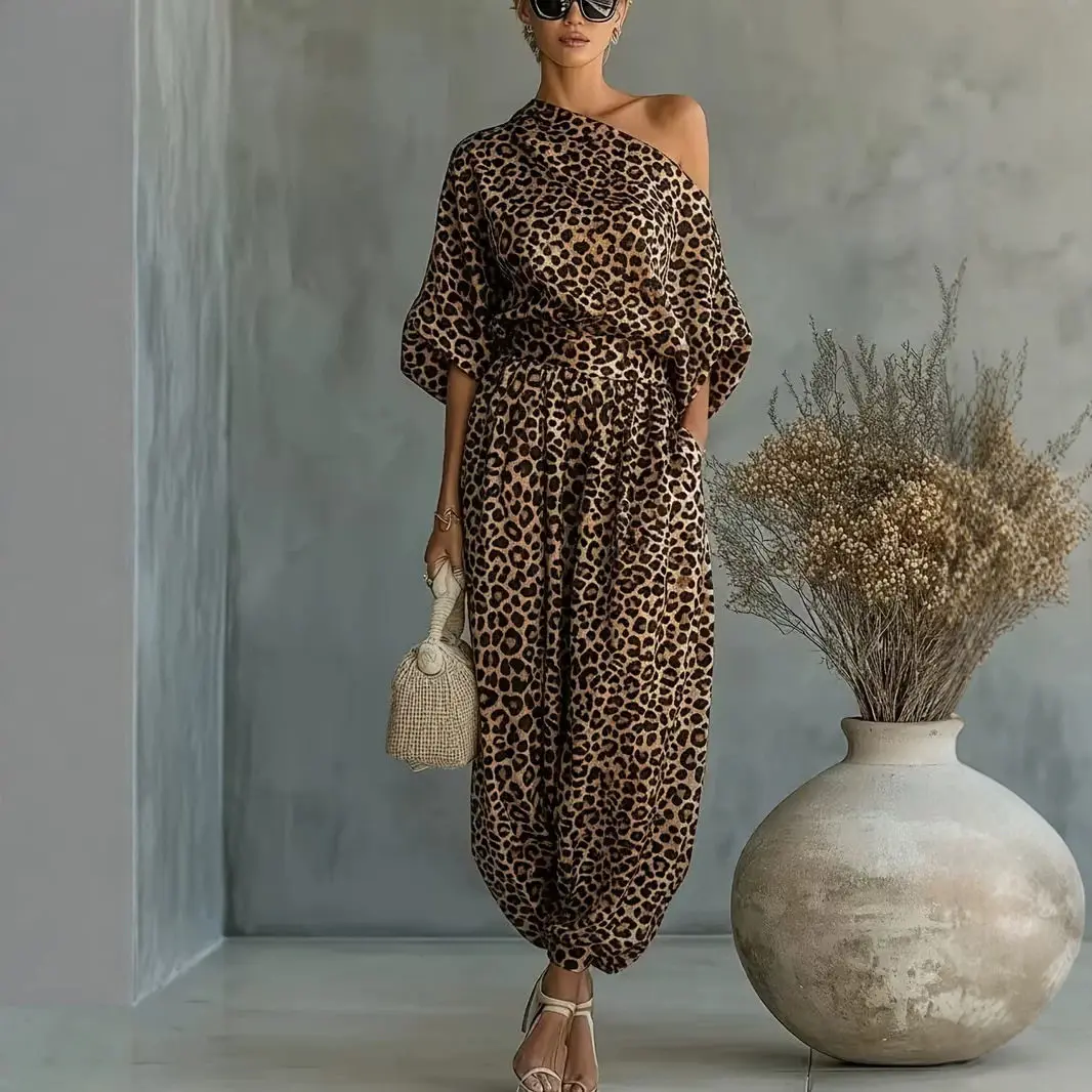 

Leopard Print Skew Collar Long Sleeve Top & Casual Bloomers Pants Set Women Solid Color Suit Outfit Summer Loose Female Clothing