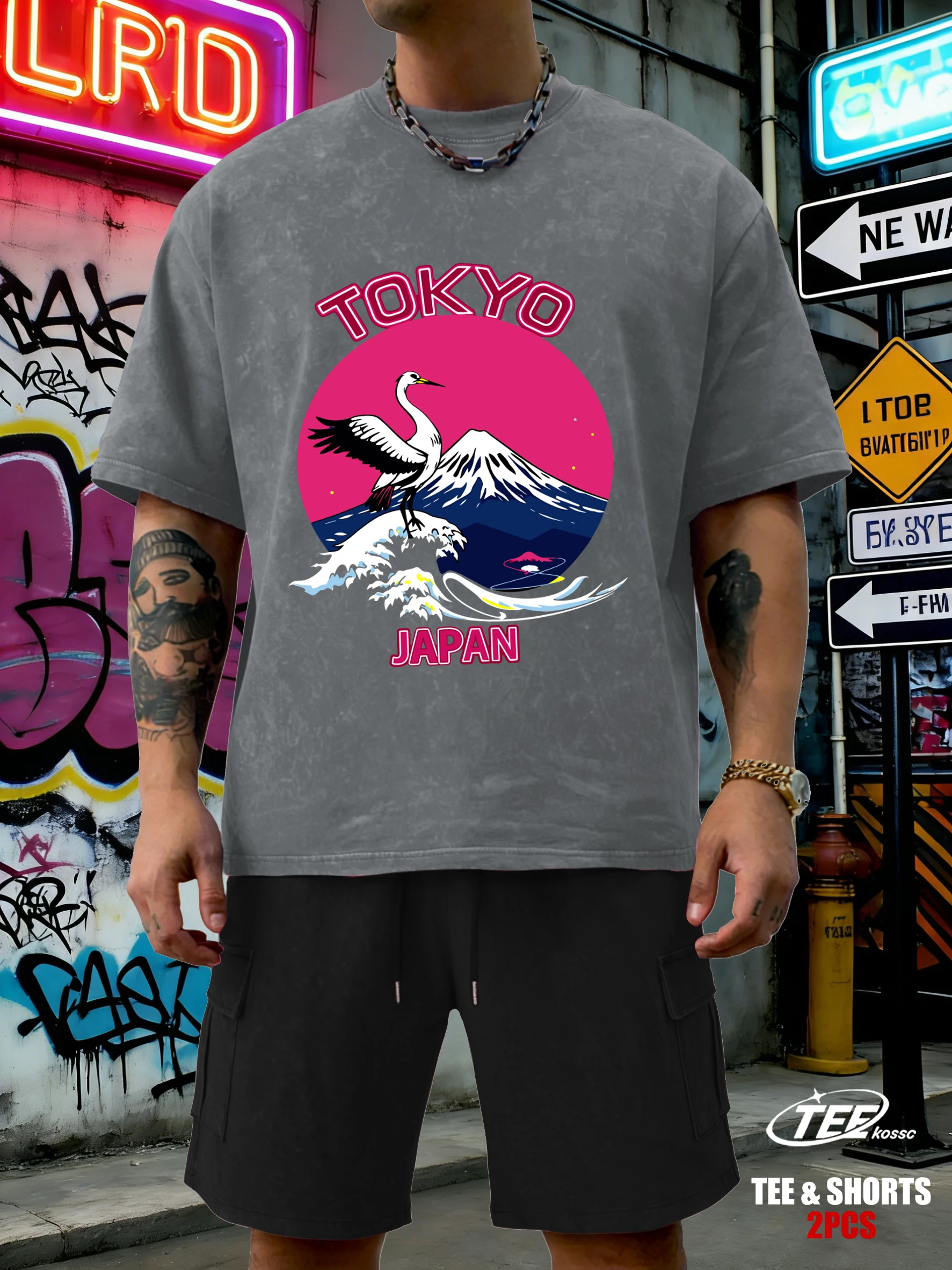 

Футболка с принтом «Горные волны и журавли» в японском стиле, мужская, из мягкого хлопка, комплект с шортами, унисекс, повседневная одежда, удобная, с коротким рукавом