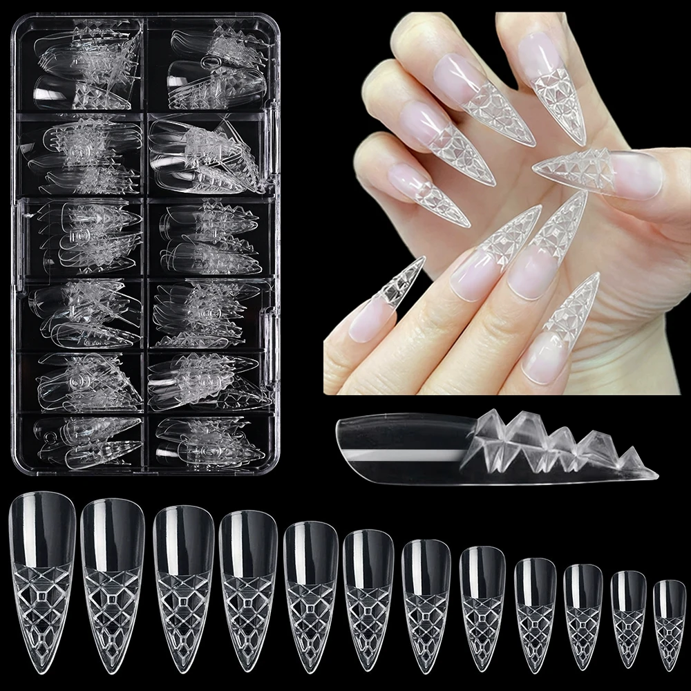 120Pcs 3D Acrylic False Nail Tips For Extension Glazed Long Stiletto/Coffin Full Cover High Quality Fake Tips Nail Bed In A Box