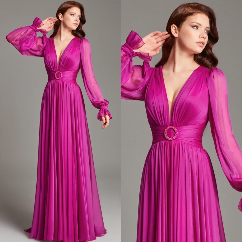 

Customized Classic Chiffon Evening Dress Exquisite V-Neck Long Sleeves Celebrity Gowns Fashion Sweep Train Vestido De Festa