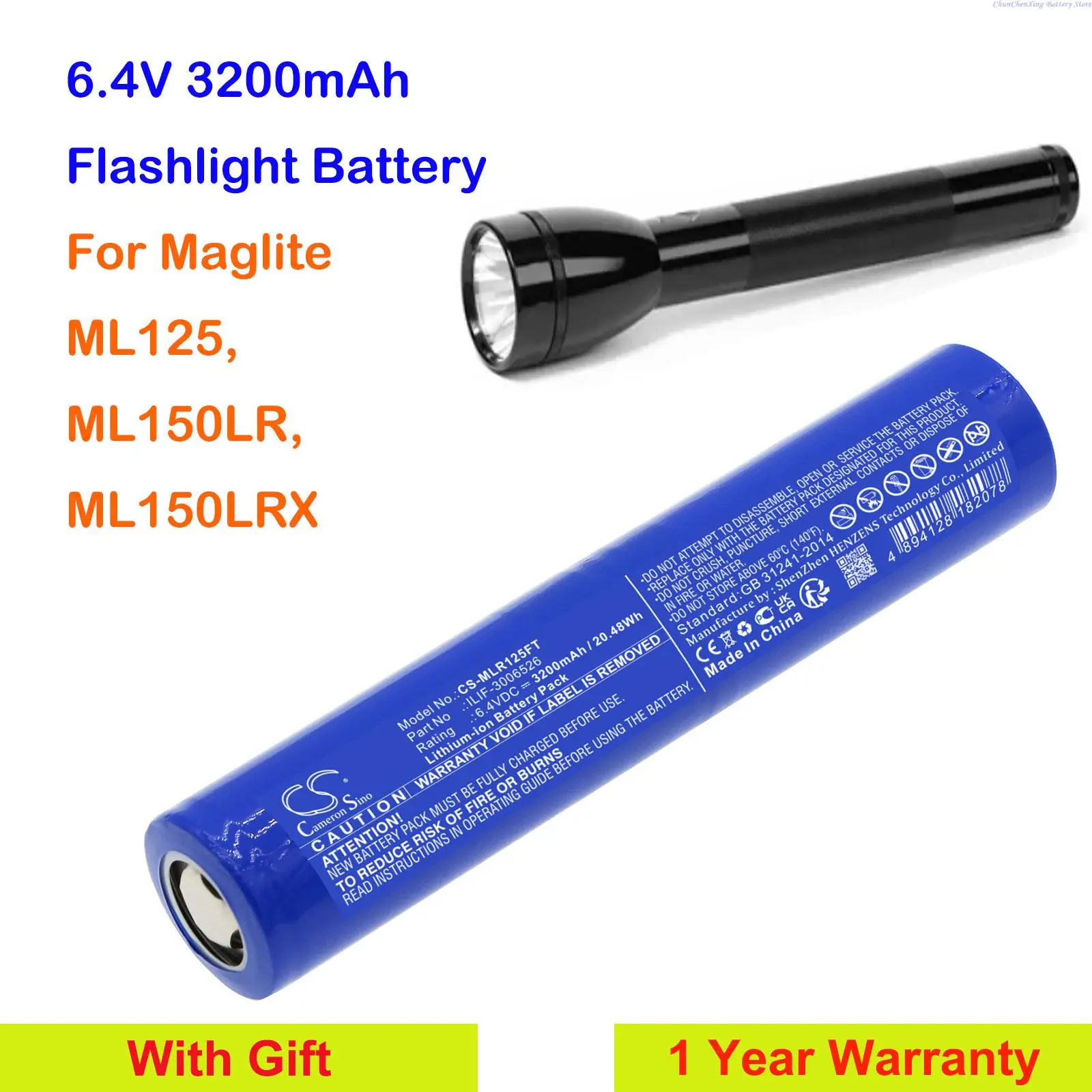 CS 6.4V 3200mAh Flashlight Battery ILIF-3006526 for Maglite ML125, ML150LR, ML150LRX, Please double check the sizes of battery!