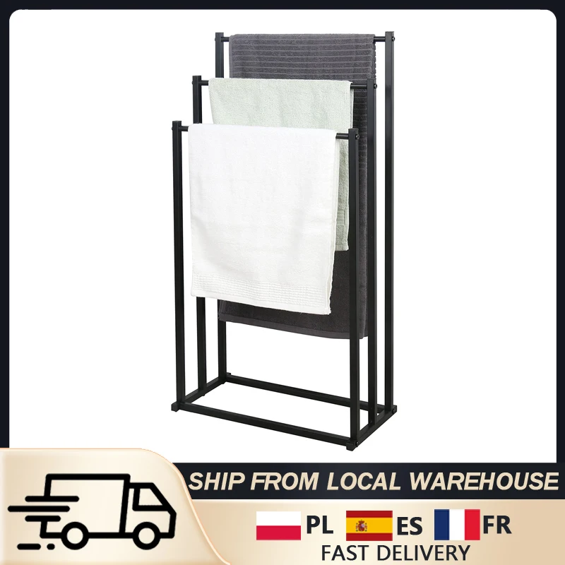 Porte-serviettes sur pied à 3 niveaux, en acier au carbone, pour salle de bain et balcon, sans perçage, séchoir à serviettes sur pied