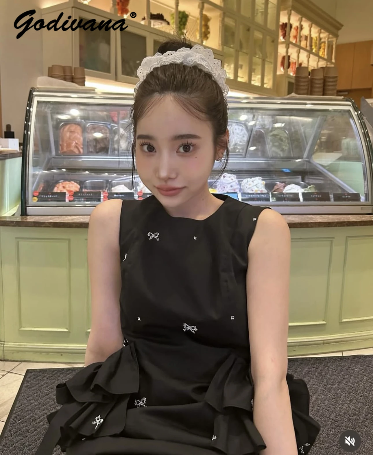 和風新しい夏のレディースエレガントなちょう結びプリントノースリーブロングドレスラウンドネックフリルブラックタンクドレス