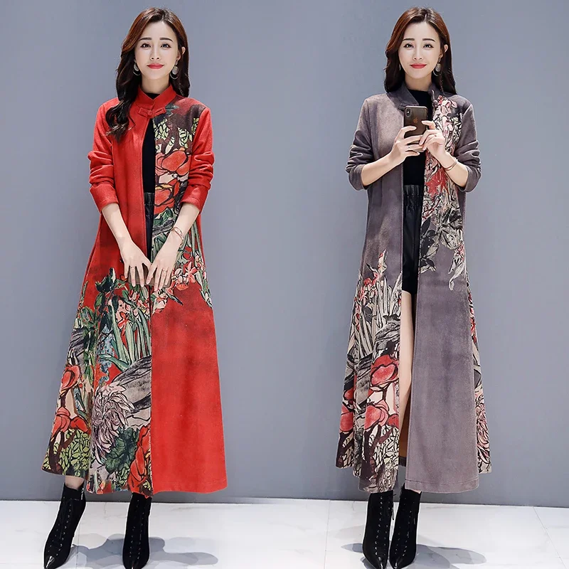 2023 Fall Spring  Women Red Grey Floral Print Long Suede Trench Coats , Womens Clothes Mandarin Collar Flower  Loose Coats