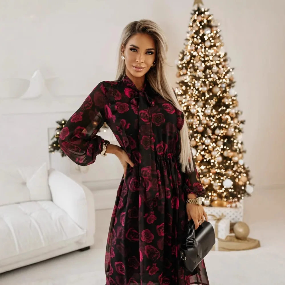 

Осеннее модное темпераментное повседневное цветное платье с длинными рукавами и завязками на талии для женщин, осень 2024, новая женская одежда