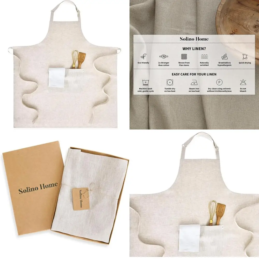 

Pure Linen Apron - Unisex Natural Stripe Midi Bib with Adjustable Neck Strap, Full-Length Design for Comfortable Cooking