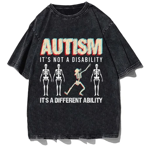 Imagen 2 del producto Camiseta con estampado de esqueleto de Autismo para hombre, camisa divertida de Humor, de moda, informal, de algodón, de gran tamaño, Vintage, lavada