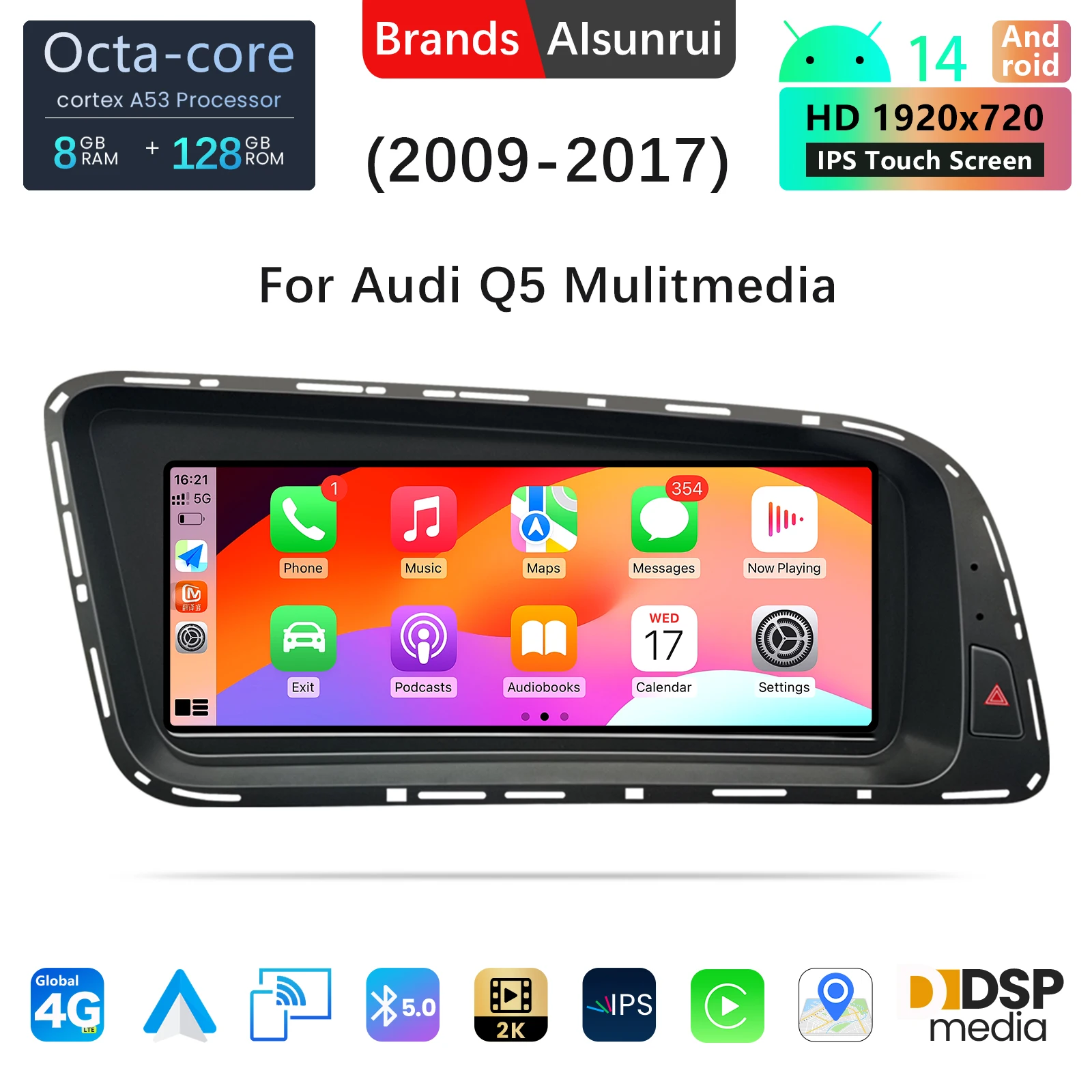 

8.8" Wireless Carplay Android 14Car Radio For Audi Q5 2009-2016 Multimedia Stereo WIfi4G Screen GPS Navigation Head Unit Audio