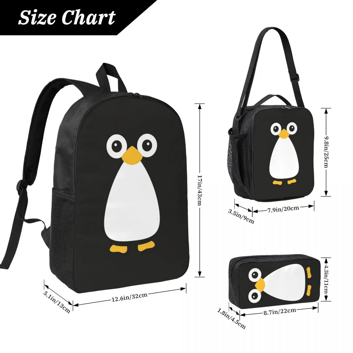 Cute Vector Penguin Backpack Student Boys Girls BookBag School Bag Laptop Shoulder Bags 3ps Insulated Lunch Bag Pencil Case