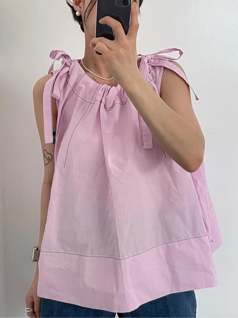 レトロエレガントなノースリーブシャツ女性の夏の新しい甘い蝶結びショルダーストラップルーズ多用途トップ快適なフィット感