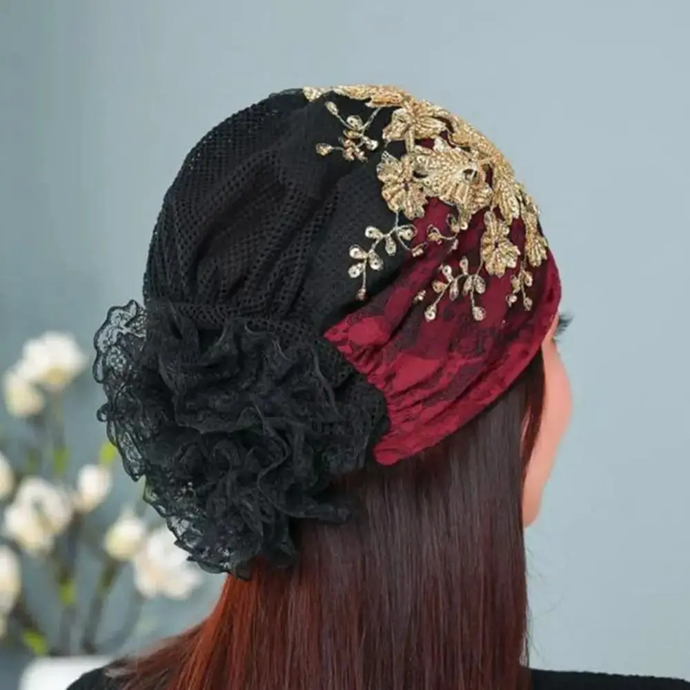 

Stretch Head Scarf Lace Turban Hats Rhinestone Flower Summer Thin Headscarf Turban Hat Head Wraps Islamic Under Scarf Girls