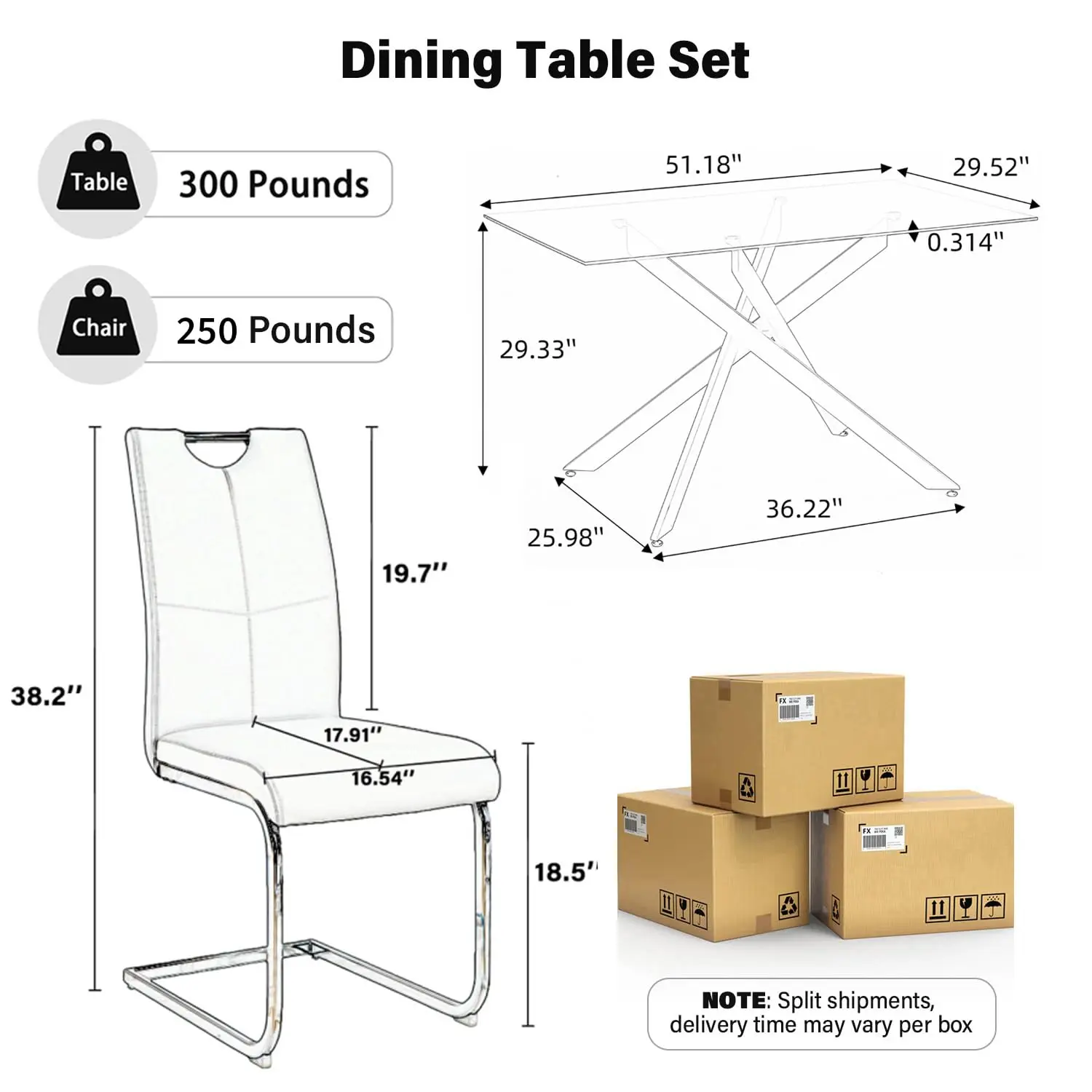 Set for 6, Rectangular Table with Leather Chairs, Space-Saving Furniture for Apartment, White & Black, Customized