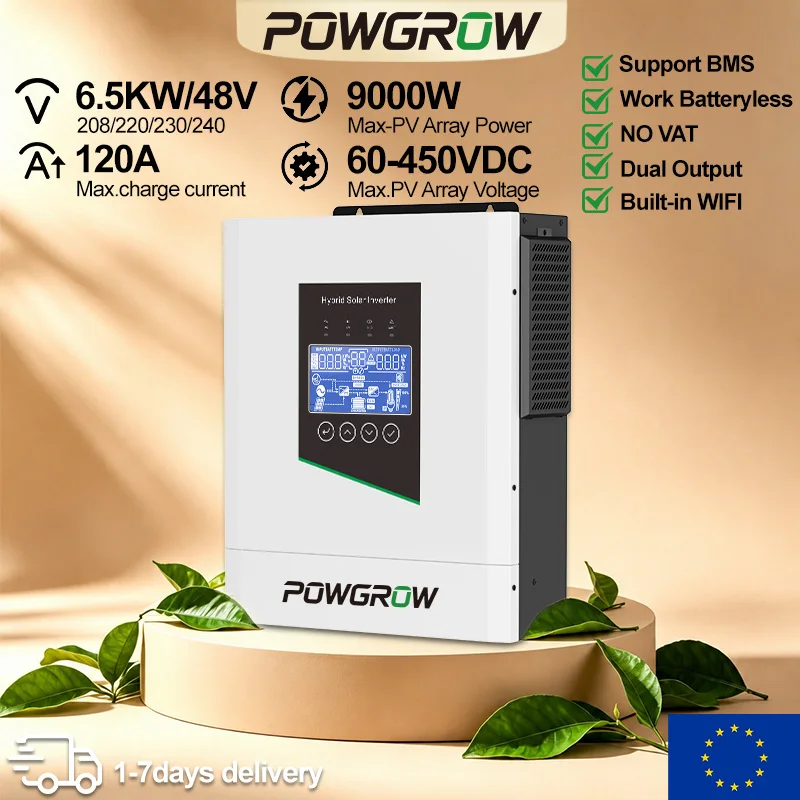 POWGROW 6.5KW 48V Hybride Solar Inverter Zuivere Sinusgolf Off-Grid 120A MPPT 500VDC PV Input Dubbele Uitgang Lithium BMS WIFI APP Polen Voorraad Thuis Solar Power Inverter