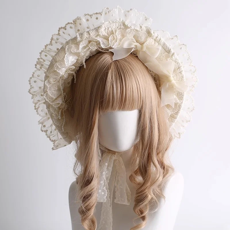 Nuevo Original Retro hecho a mano pastel gótico gorro sombrero mujer moda Beige Lolita cinta de encaje Cosplay precioso sombrero plano