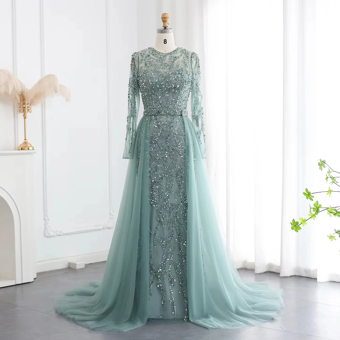 

Luxury Dubai Turquoise Mermaid Evening Dress with Tulle Overskirt Arabic Nude Women Wedding Formal Party Gowns LSZ183