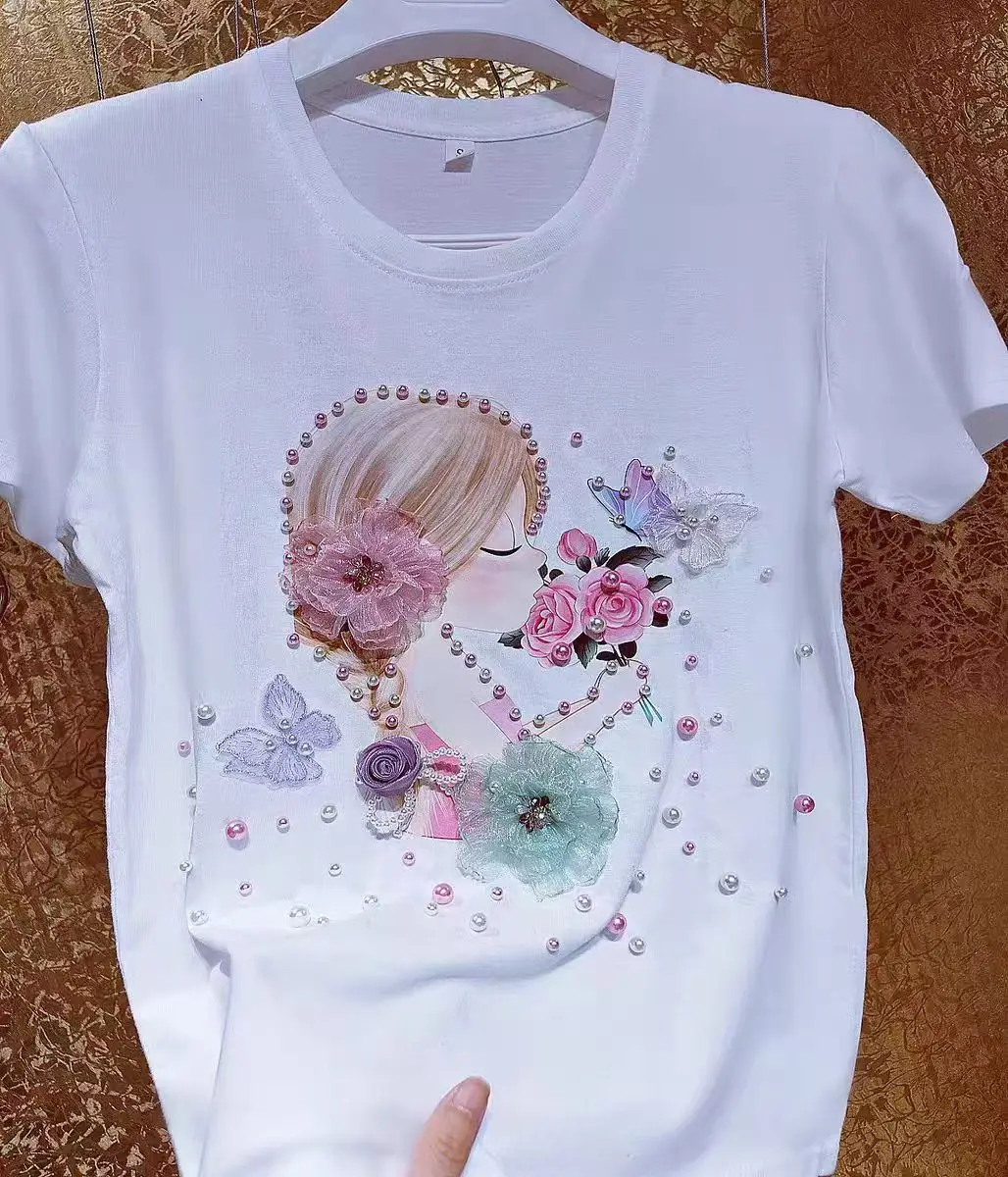 New In Y2K Tshirt  Luxury Beaded Flowers Graphic Cotton T Shirts For Women Embroidery Butterfly Stitch Tops Tees Camisetas