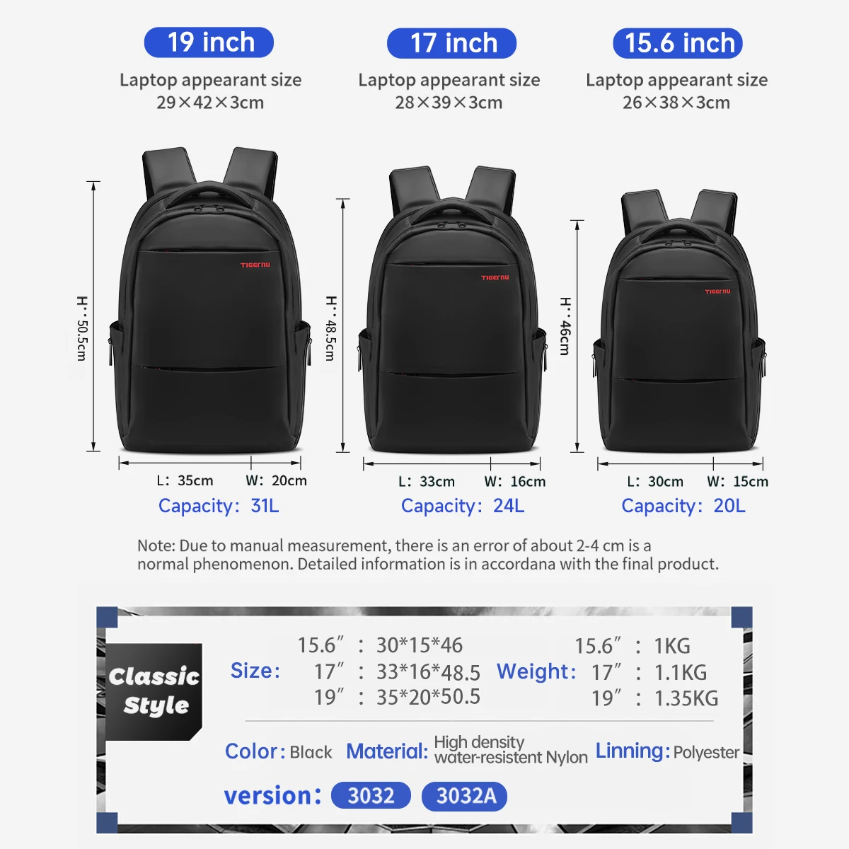 15 inch laptop backpack size Men's access card pocket Tigernu Men's Backpack 15 17