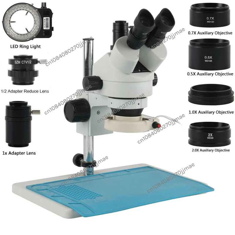 

7-45x Triocular Stereoscopic Microscope 0.5X/0.7X/1X/2X Auxiliary Objective Portable Laboratory Microscope