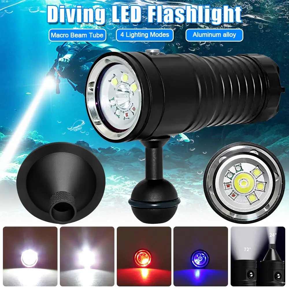 VASTFIRE Professional Underwater photography Light With Beam Bucket Diving Flashlight 80M Red/UV/White Waterproof Diving Lamp