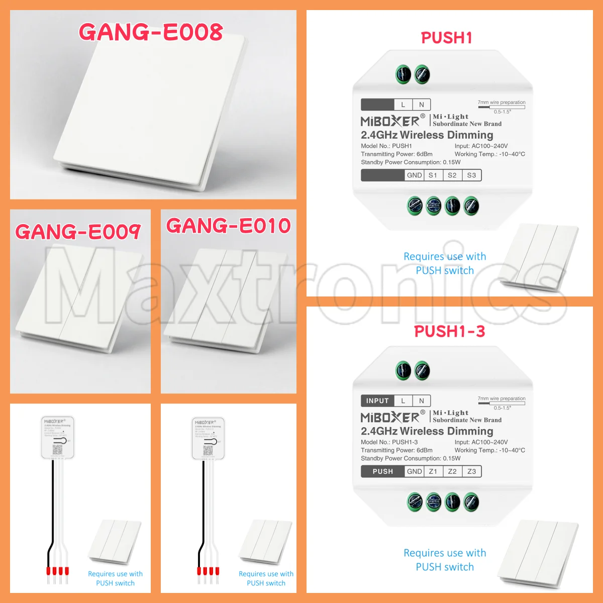 

MiBoxer LED Lamp Controller AC 110V 220V PUSH1/2 2.4GHz Wireless RGB+CCT/Brightness Dimming Dual White PUSH Switch Remote 3-Zone