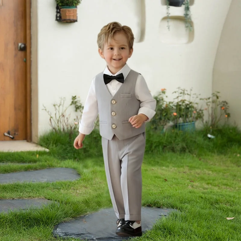 Kids Pure Color Vest Set Flower Boys Spring Summer Wedding Dress Children's Piano Host Speech Performance Costume