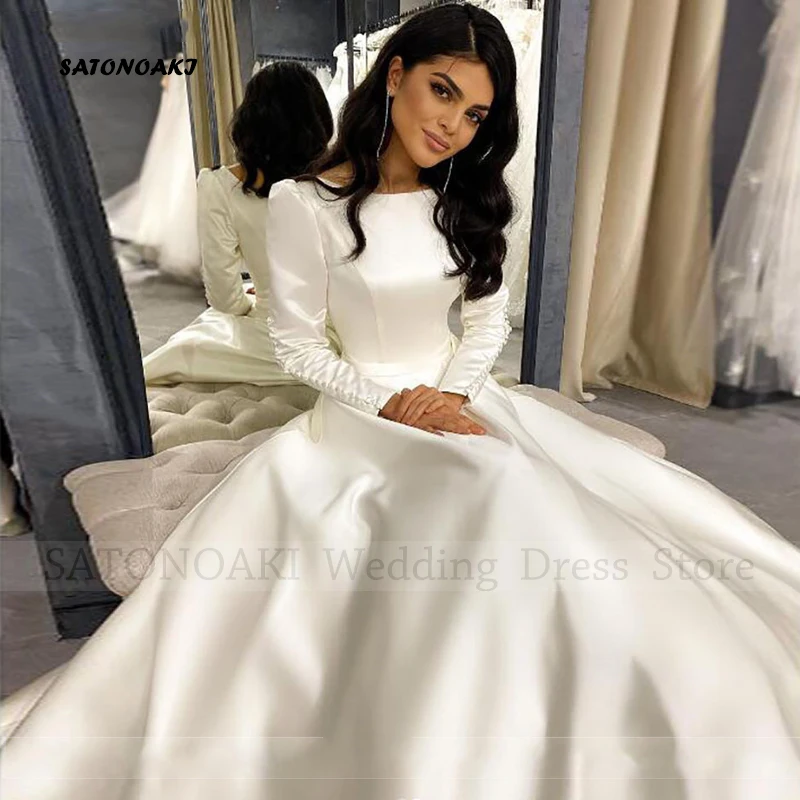 Elegant Simple Satin Wedding Dress for Women O-Neck A-Line Puff Sleeves Lace-up Bride Gown Vestido De Novia Custom Robe Mariée