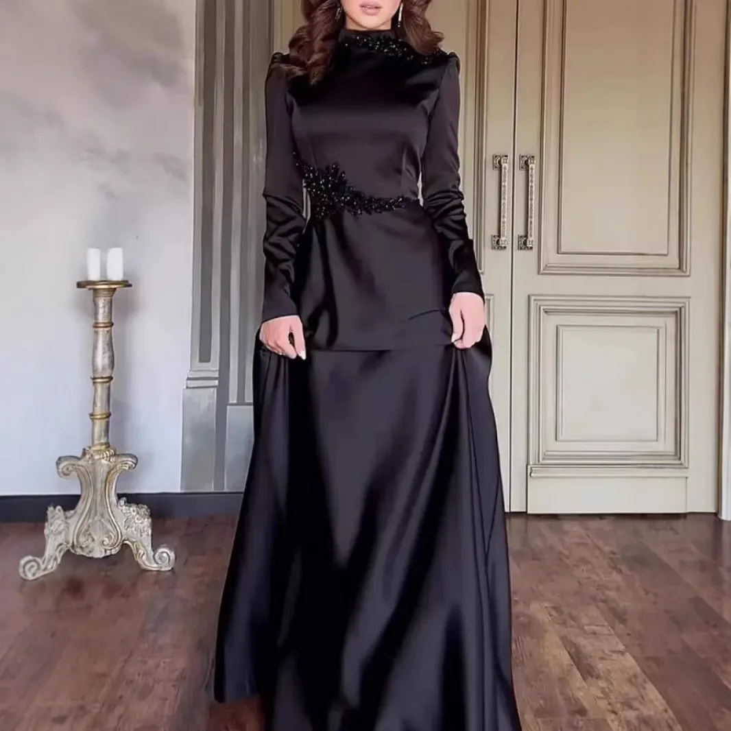 Frühling Sommer Neue Mode frauen Schwarz Einfarbig Schlank Langarm Knöchel Länge Casual Trendy Elegante Vintage Zeremonielle Kleid