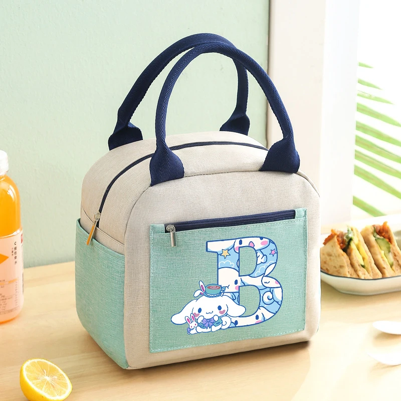 Sanrio Lunch Box Bag Cute Letter A-Z Printed Cinnamoroll Cartoon Animals Thermal Handbags for Kids Lunchbox Food Insulation Bags