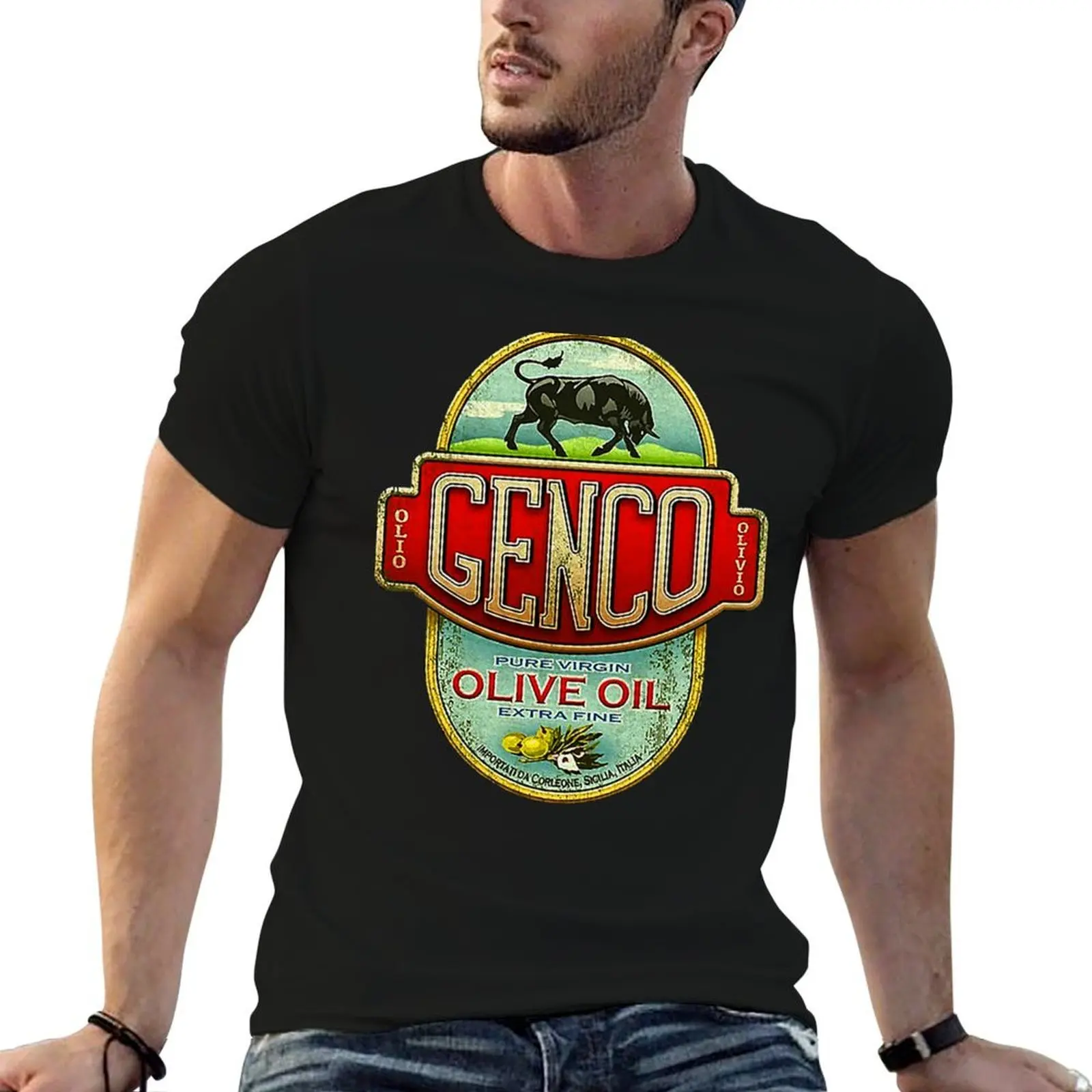 Camiseta masculina Genco Olive Oil Vintage, camiseta masculina de luxo, camiseta gráfica masculina, camiseta casual masculina