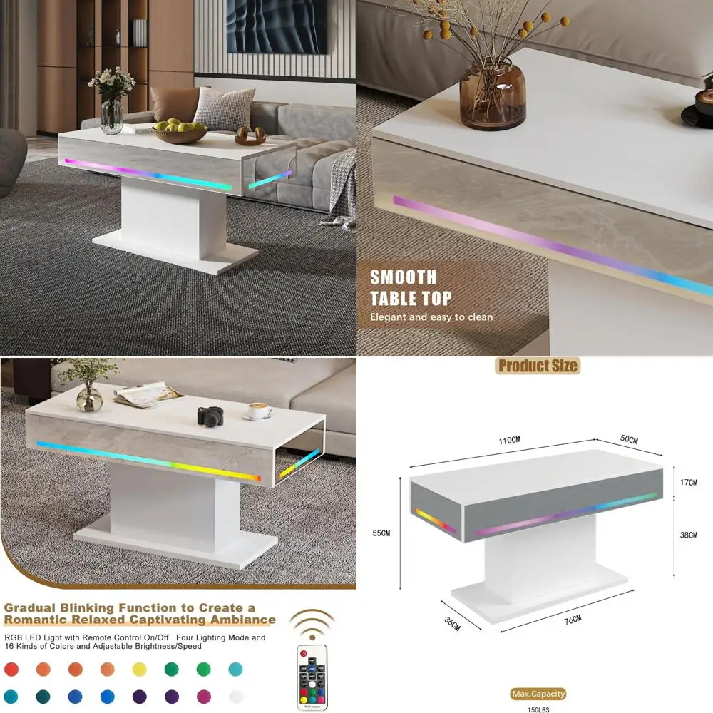 Modern Rectangular LED Coffee Table for Living Room with 16 Color Options, Wooden Center Table for Contemporary Style