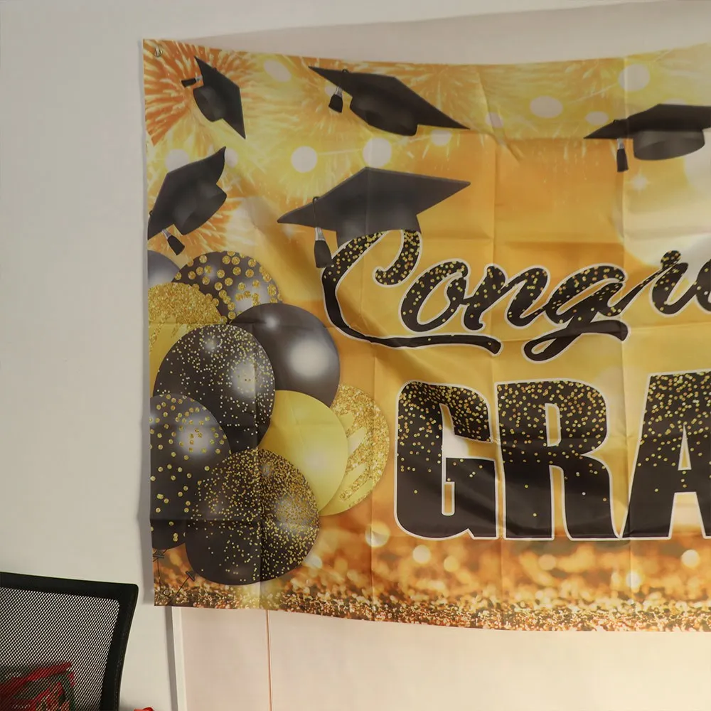 

Congrats Grad Graduation Photography Backdrop Bachelor Hat Black Gold Glitter Happy Graduation Banner Celebrate Polyester