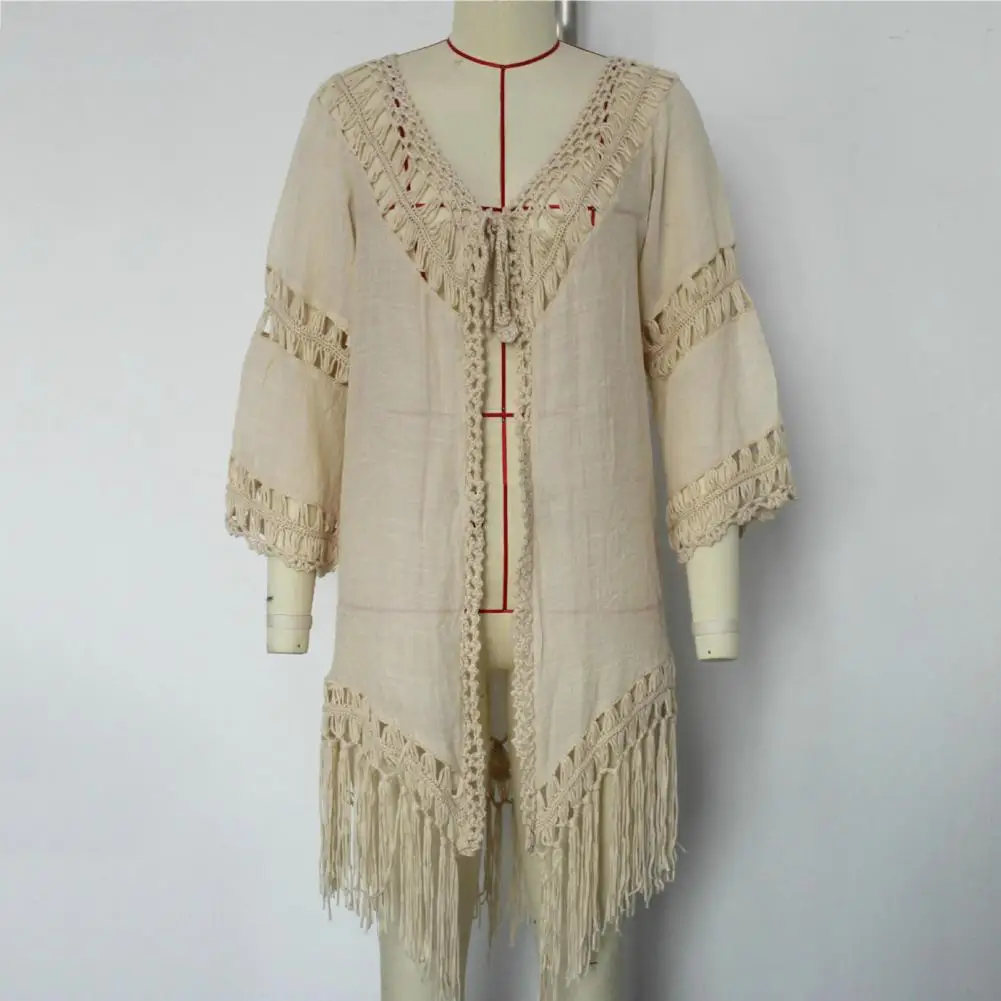 Crochet feminino estilo boho de malha para encobrir a praia, casaco elegante, gola em v sexy, cobertura de maiô com renda