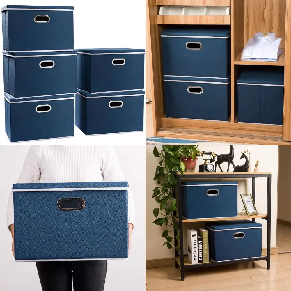 

Складные контейнеры для хранения с крышками - набор из 5 штук, тканевые органайзеры для дома, спальни, гардероба, офиса, королевский синий (17.7x11.8x11 дюймов)