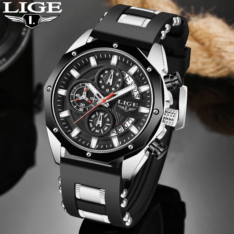 LIGE Fashion Luxury Quartz Man Watch Silicone Strap Casual Sport Waterproof Watches for Men Chronograph Auto Date Military Clock