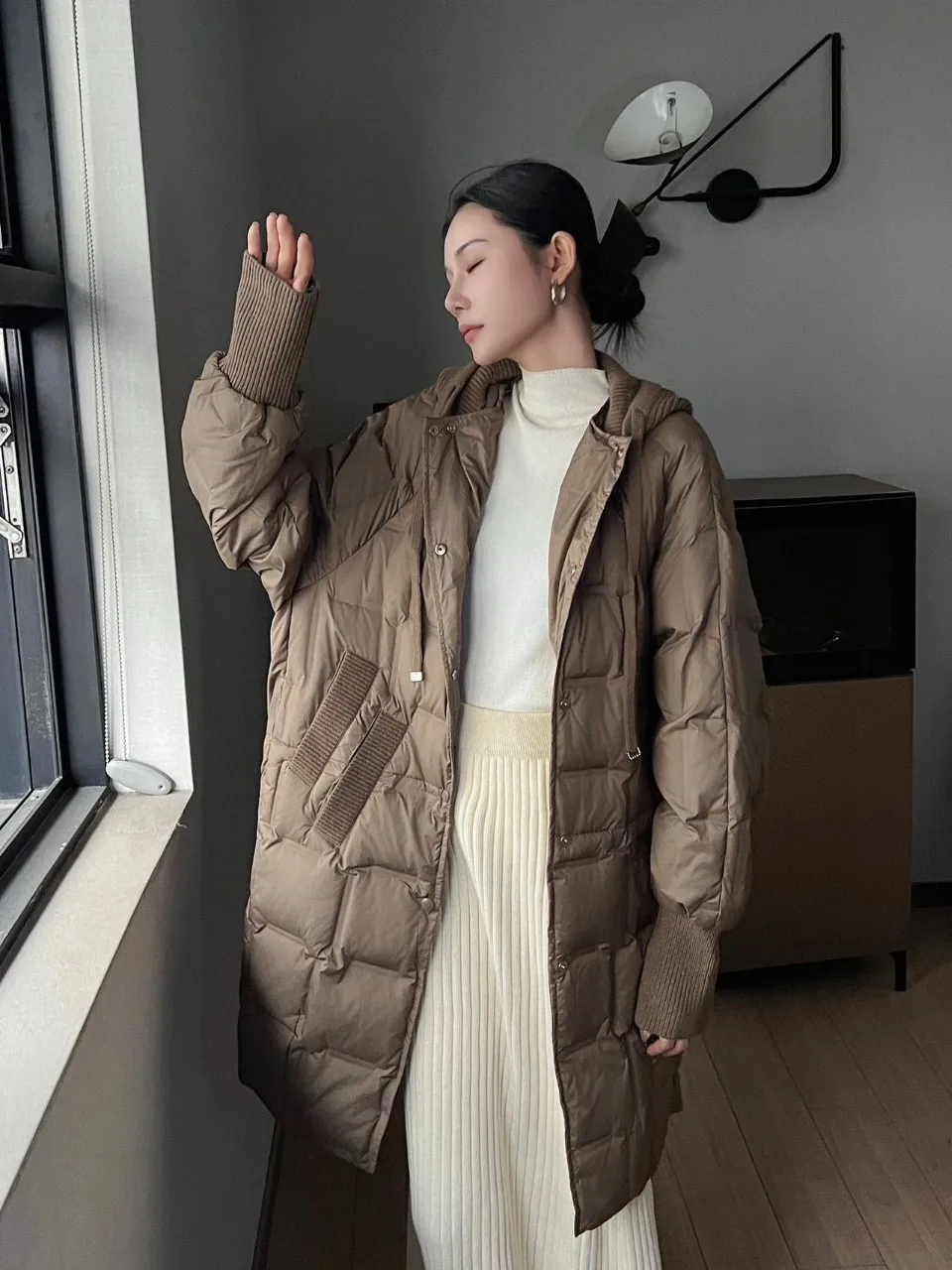 Winter Hooded Solid Mid Length Down Jacket Female Single Breasted Warm Outwears Coat Women White Duck Down Parker Down Jackets