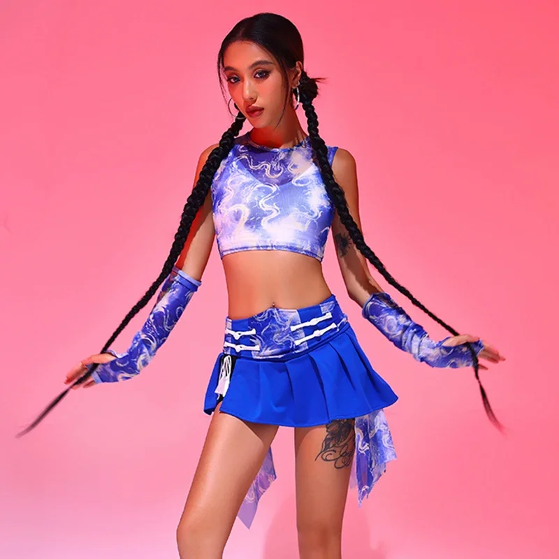 Y2K Kpop 의류 섹시한 고고 댄스 공연 의상 블루 슈트 나이트 클럽 Dj 가수 무대 착용 여성 재즈 댄스 의상