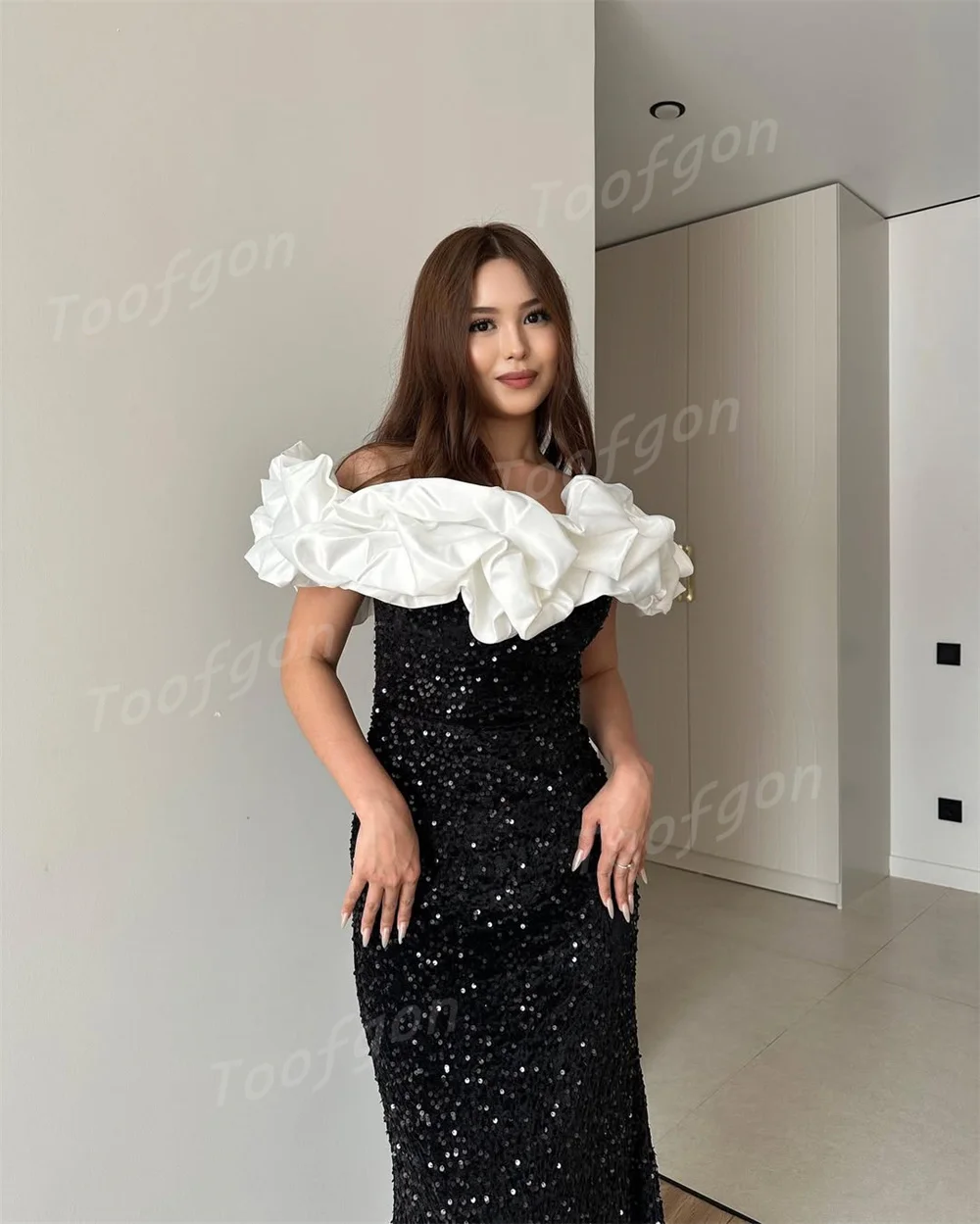 Toofgon Luxury Mermaid Evening Dresses Off Shoulder Sequins Lace Sparkly Special Evening Gown Women Birthday Occasion Customized