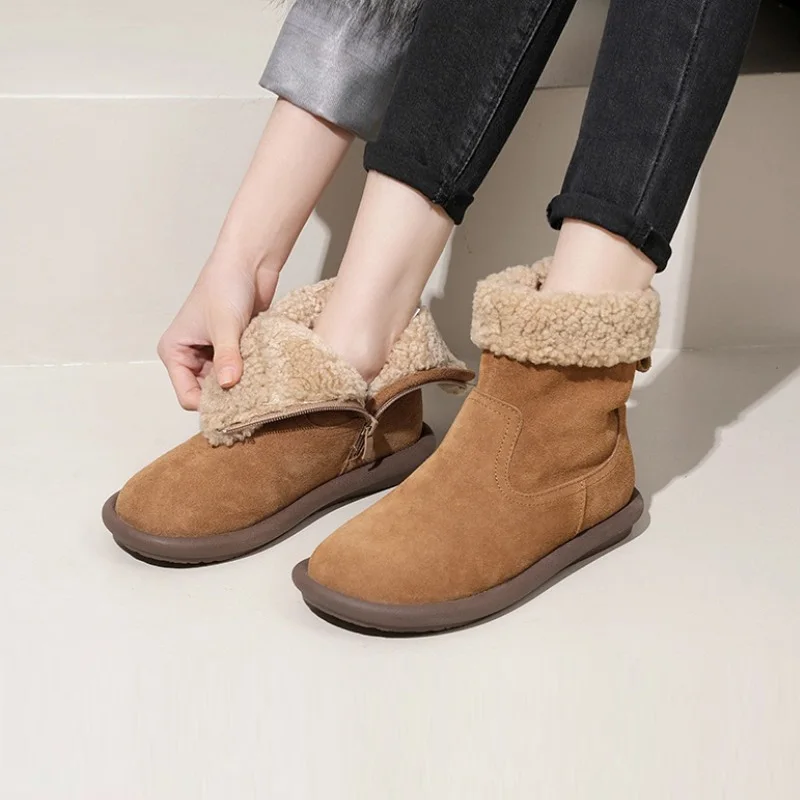 Women's Winter New Genuine Leather Real Wool Snow Boots Lamb Wool fleece-lined Thickened Warm Cotton Shoes Flat Short Boots