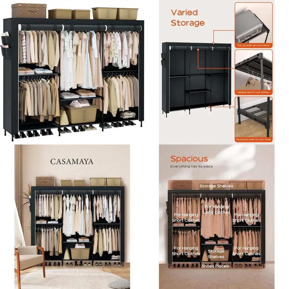 

Extra Large 81.5 Inch Portable Wardrobe Closet Organizer with Cover, Shelves, and 5 Hanging Bars for Clothes Storage