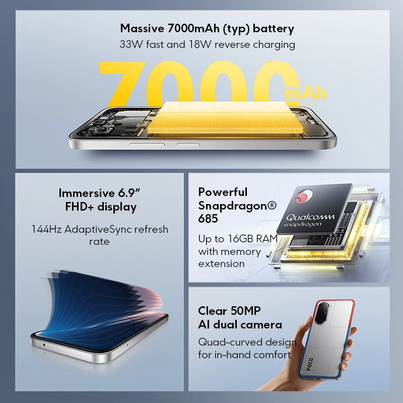 POCO M7 5G الإصدار العالمي سنابدراجون ®   هاتف ذكي 685 بشاشة 6.9 بوصة 144 هرتز FHD + DotDisplay كاميرا 50 ميجابكسل وبطارية 7000 مللي أمبير في الساعة Xiaomi HyperOS 2 NFC