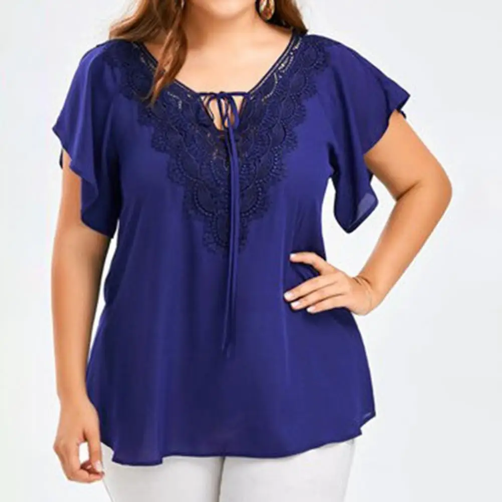 Plus Size XL - 5XL Women Blouse V Neck Pure Color Flare Sleeves Large Hem Casual Top Lady Clothes