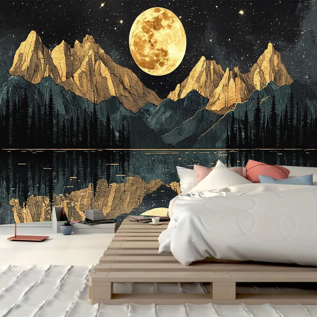 Gold & Black Watercolor Mountain Tapestry – Starry Night, Forest & Lake Reflection Wall Art for Bedroom or Living Room