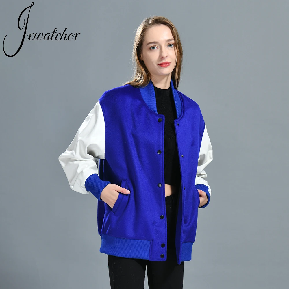 Jxwatcher Cashmere Bomber Jacket With Real Leather Sleeves Unisex Hip Hop Streetwear Spring Wool Coat Sheepskin Baseball Outwear