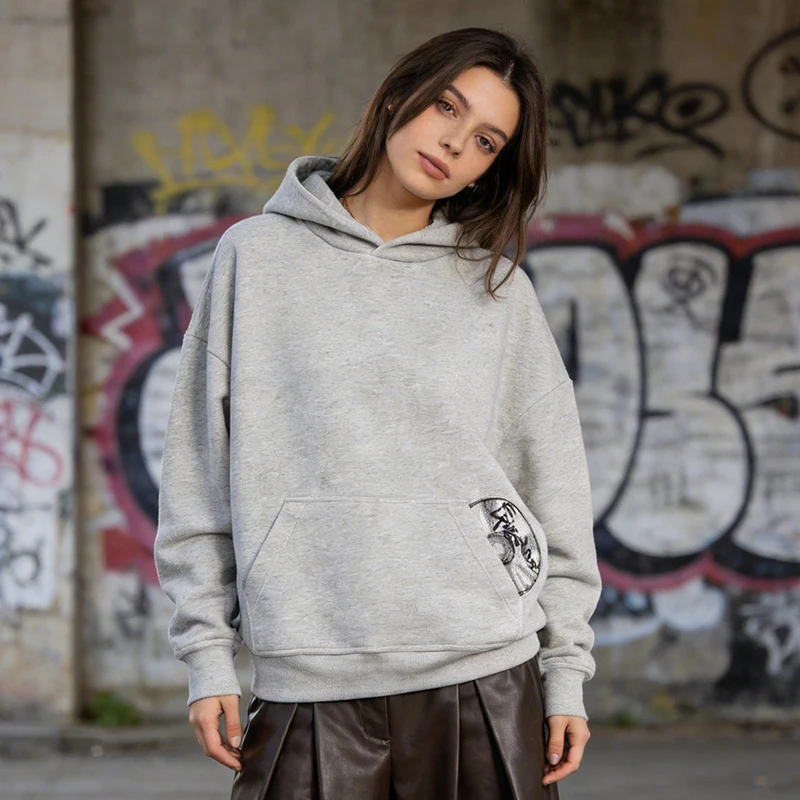 

Оверсайз черные худи с вышивкой CD-патч, пуловеры в американском винтажном стиле, темная одежда в стиле гранж, женские лонгсливы, уличная одежда