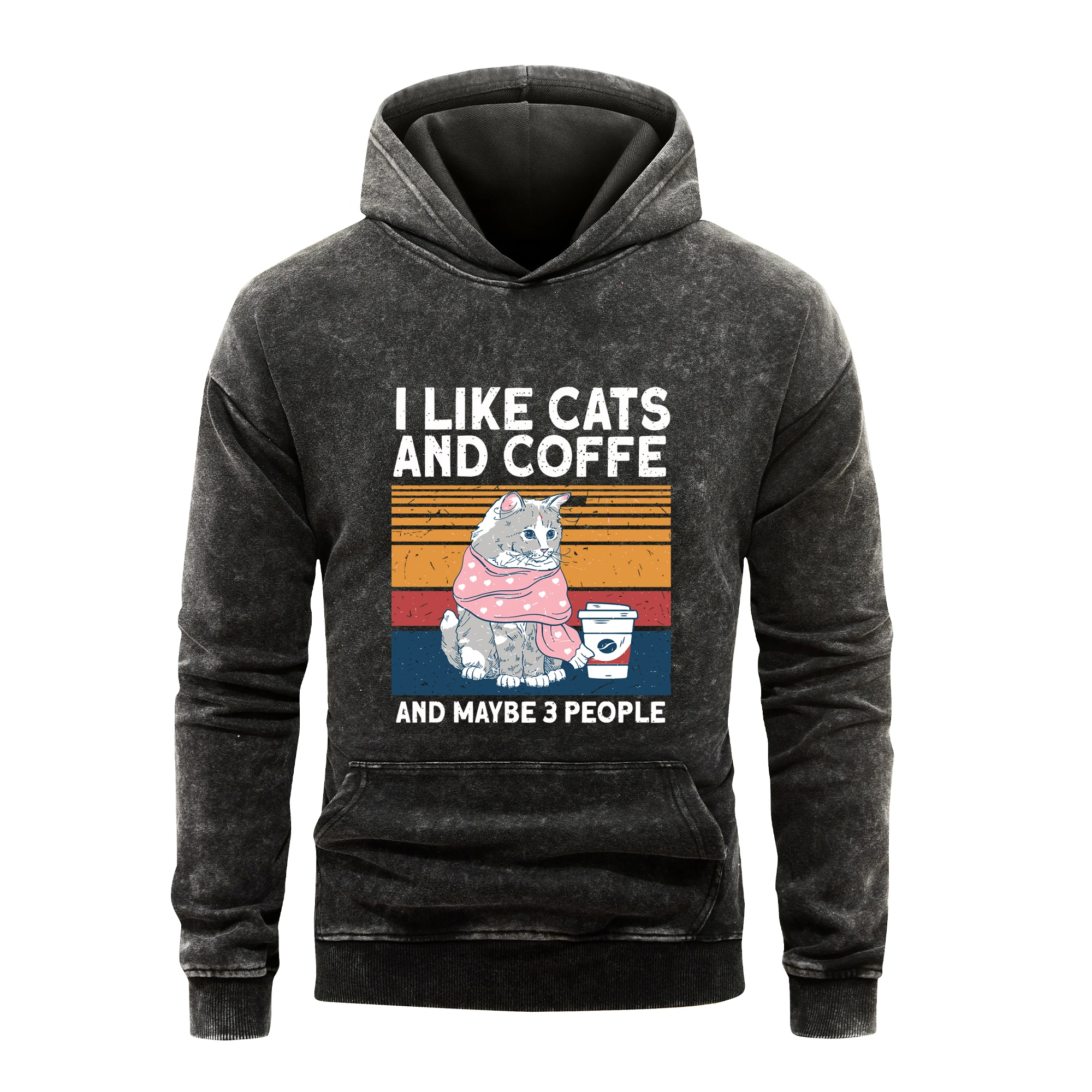 I Like Cats And Coffe Hoodies Mens Vintage Washed 100%Cotton Korean Fit Pullover M-XXL Simple Hoodie Clothing