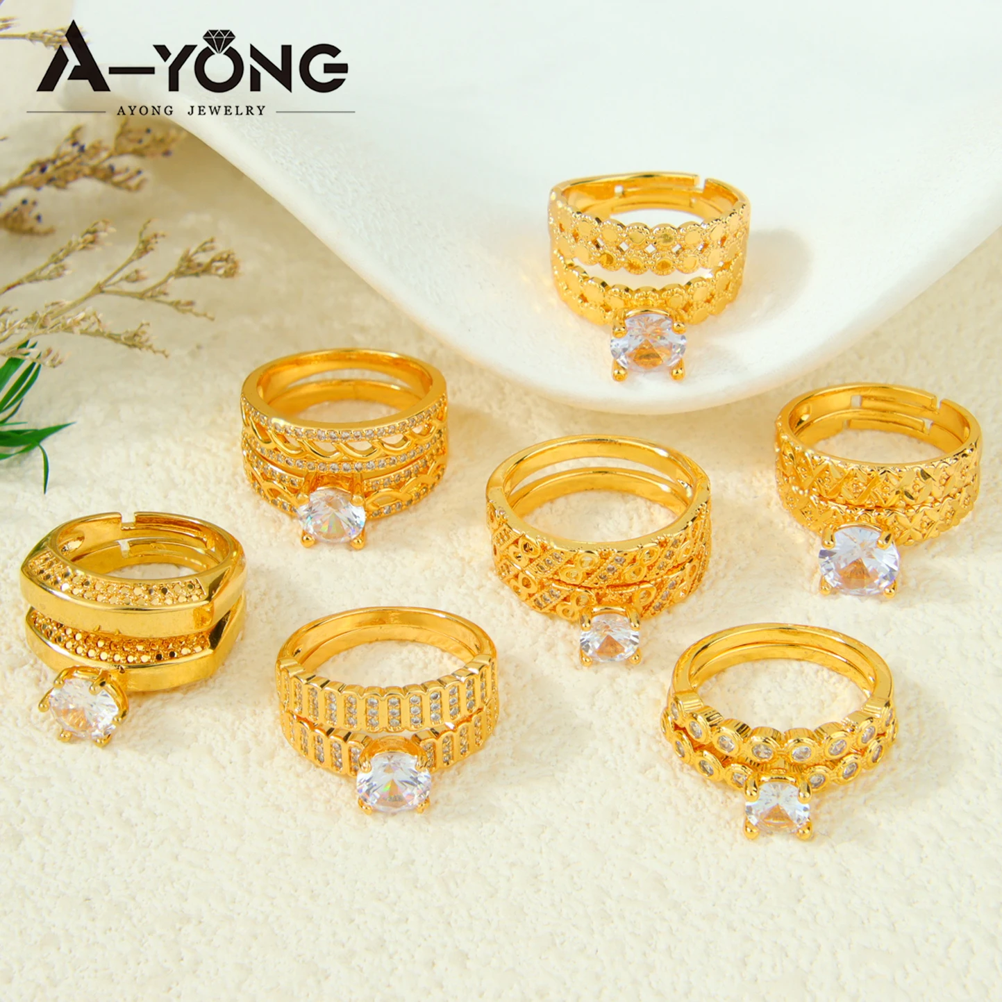 Dubai Mode Kubische Zirkonia Stapelbare Ringe 21k Vergoldet Arabischer Exquisiter Verlobungsring Paarringe Italienischer Goldschmuck – Detail 6