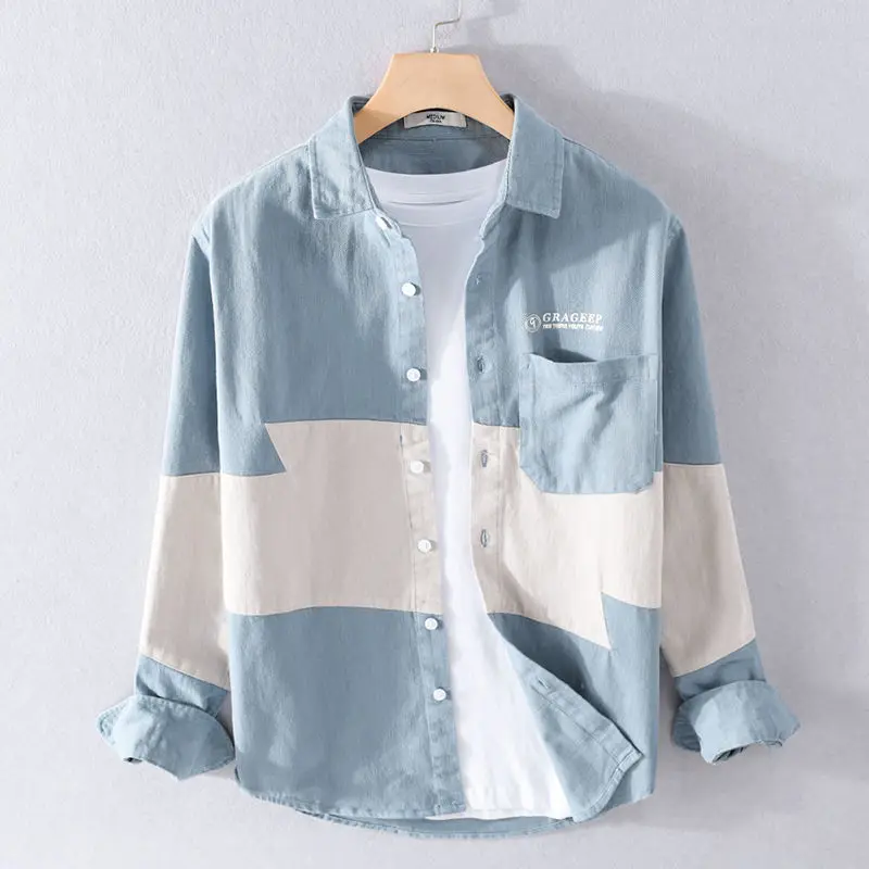 

Male Shirts Spliced Blue Cargo Men's Shirt with Pocket Cheap Things Comfortable Trendyol Original Korean Style Sale Normal I